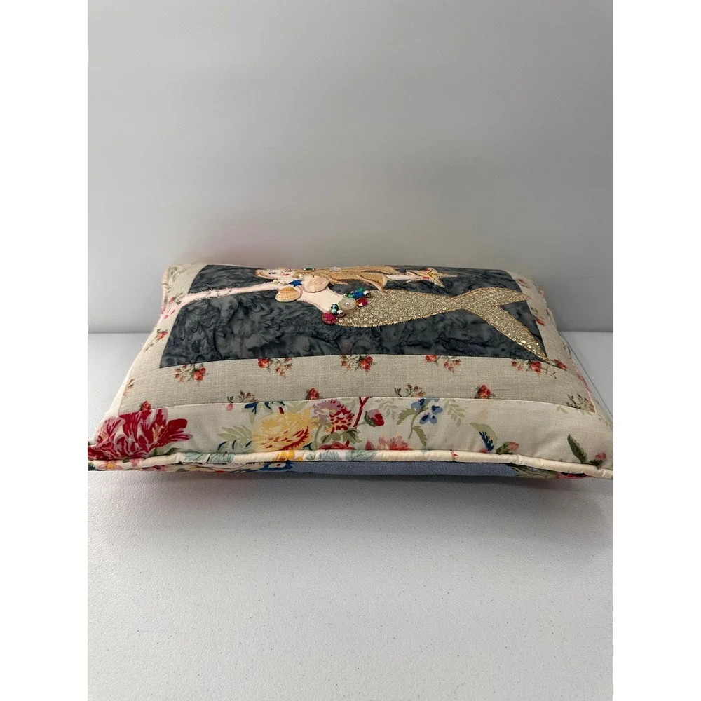 Handmade Mermaid Accent Pillow Embroidered Shells Floral 20x13 Coastal Decor